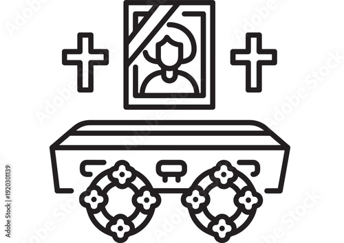 Funeral icon line art with coffin, memorial portrait, crosses and flower wreaths, simple outline symbol for mourning service, death ceremony, cemetery and obituary design