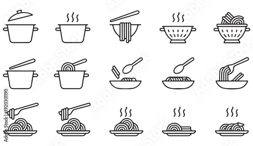Cooking and hot meal outline icons with soup bowl, noodles, pasta dishes, steaming food and kitchen cookware symbols