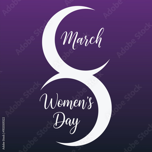 Silhouette of crescent moon symbol with march 8 women's day text on purple background for international women's day
