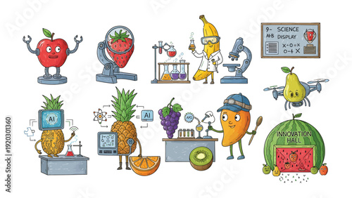 Fruitful Scientific Endeavors: An amusing collage of animated fruits, each engaged in a scientific pursuit, from chemistry to microscopy, highlighting the fusion of nature and innovation.