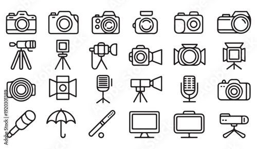 videography outline icon pack with camera, tripod, microphone and studio lighting equipment