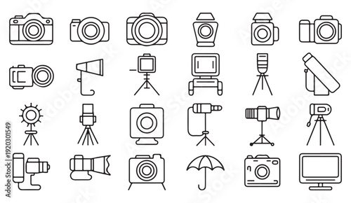 Media production and photography line icons with camera gear, lighting stand, audio recording and filming tools