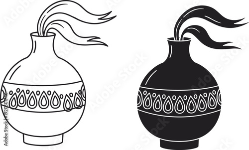 Black and white vector silhouette set of traditional oriental ceramic vases with decorative patterns and flowing feathers for interior design and cultural home branding