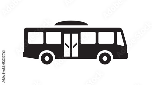 Bus public transport silhouette icon with windows and doors, flat black pictogram isolated on white background for navigation apps, signage, maps, and UI design