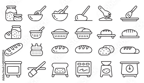 Minimal bakery and pastry vector icon pack with bread making tools, dough preparation and homemade cooking elements