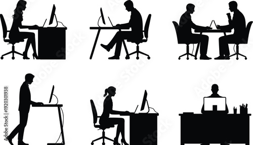 Business people working at computers silhouettes set, office employees sitting and standing at desk, corporate workplace vector illustration isolated on white background