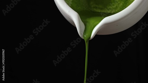 Detail Shot of Pouring Matcha Drink on Black Background.