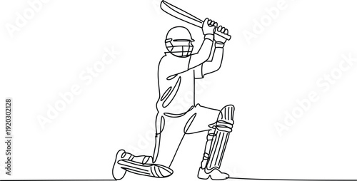 Cricket batsman line art illustration playing shot, sports player outline vector drawing with bat, helmet and pads, minimal cricket match action design