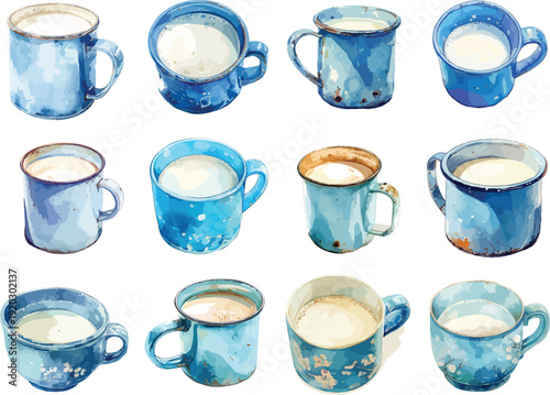 Watercolor Blue Ceramic Mugs with Steamed Milk Clipart Set