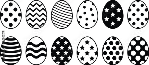 Decorated Easter eggs collection with various patterns, polka dots, stripes and stars, black and white vector illustration isolated on white background