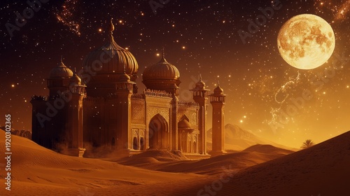 Mystical night at an ornate desert palace under full moon and starry sky