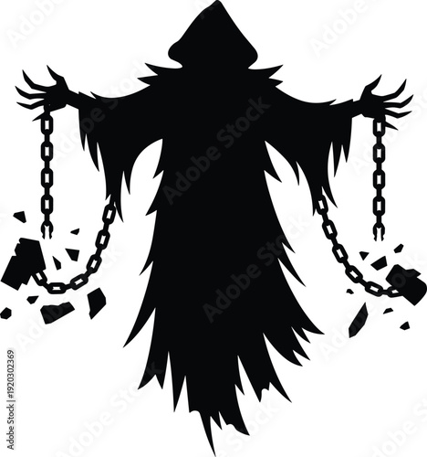 Grim reaper silhouette holding broken chains, spooky Halloween horror character icon, dark death ghost figure with hooded cloak isolated vector illustration