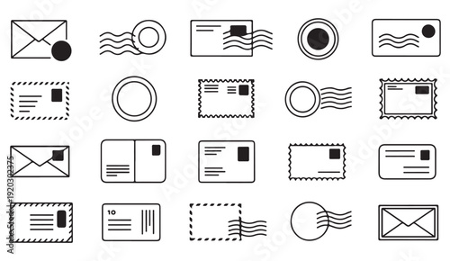 Minimal envelope and mail delivery vector icons set with postage stamps, inbox messages and communication interface symbols
