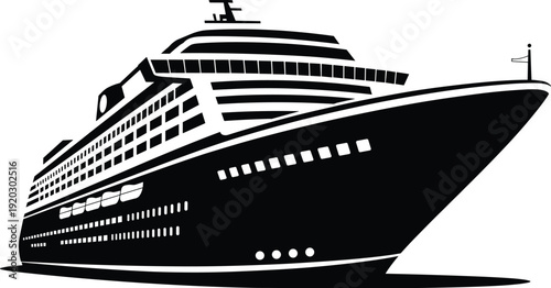 Luxury cruise ship silhouette vector illustration, large passenger liner sailing on sea, modern ocean travel and tourism transport icon isolated on white background