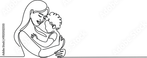 Mother holding baby continuous line drawing, minimalist one line art illustration of maternity love, parenting care concept with copy space vector design
