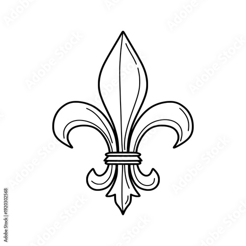Hand drawn fleur-de-lis symbol, black linear lily icon isolated on white. Royal heraldic sign for elegant design. Fleur De Lis traditional Mardi Gras sign, isolated on white background.