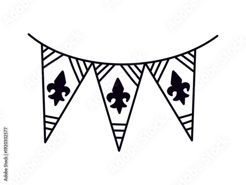 Black line art bunting garland with fleur-de-lis symbols. Festive triangular flags, pennants for party decoration and carnival events. Mardi Gras bunting flags, festive garland with Fleur De Lis.