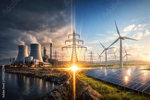 US energy policy industrial revival split landscape clean coal carbon capture vs green energy wind turbines solar arrays converging at glowing power grid nexus energy security climate debate