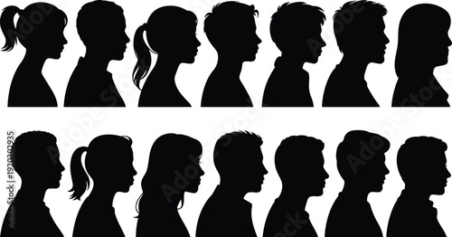 People profile silhouettes set, male and female head side view collection, human faces shadow icons for identity, avatar, crowd and social concept vector