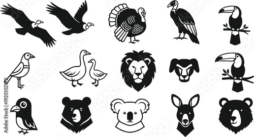 Black vector silhouette and outline icon set of diverse wildlife including vultures turkeys toucans lions bears koalas and kangaroos for nature and zoo branding