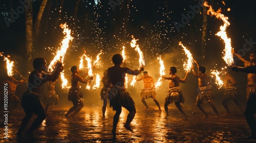 Men performing traditional fire dance in night forest setting