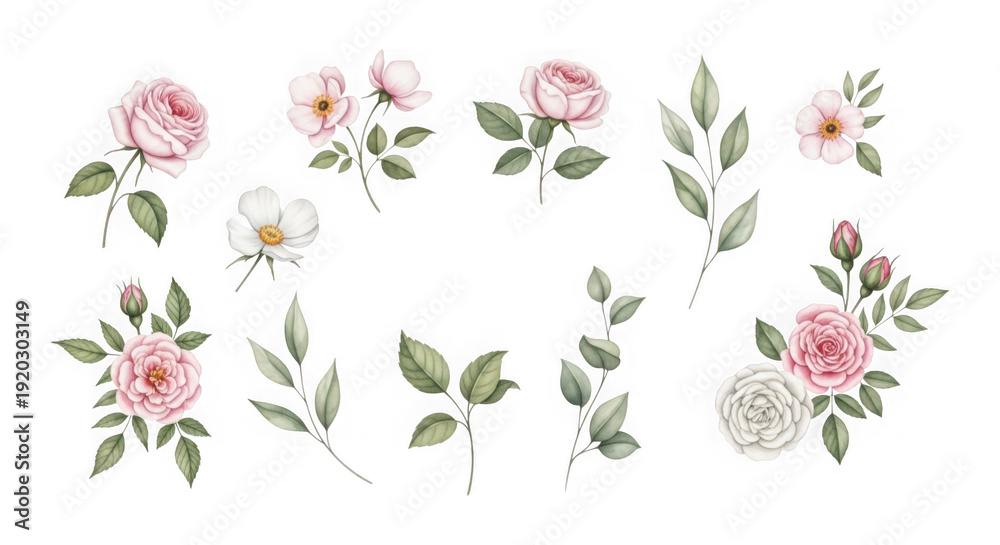 Fototapeta premium Delicate pink roses with green leaves and branches isolated on transparent background
