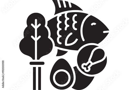 Fish food icon with broccoli, avocado and chicken leg, healthy diet concept in black glyph silhouette style, isolated on white background for nutrition label