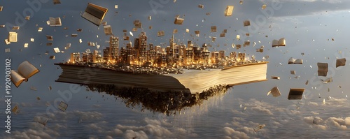 A floating library island surrounded by flying books