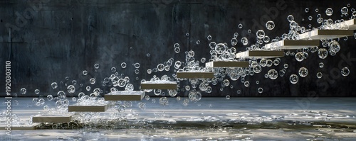 A floating staircase made of water droplets