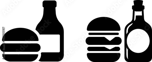 Simple black silhouette icons of fast food and beverages on white background