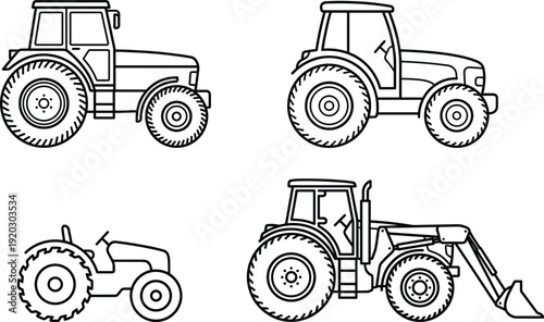 Tractor Line Art Set Illustration – Farm Vehicle Outline Collection with Agricultural Machinery and Loader Tractor in Black and White for Coloring Page Design