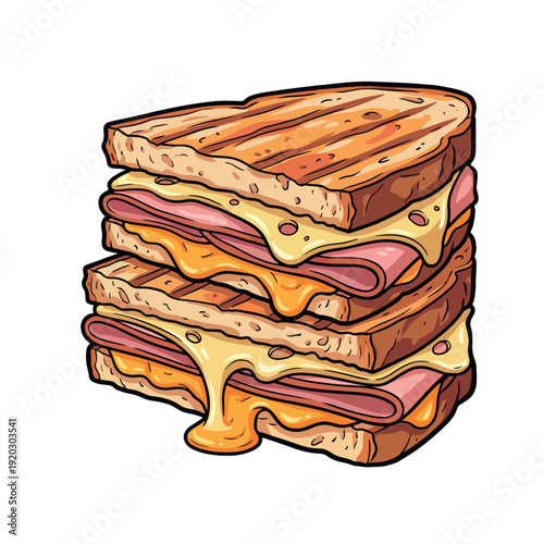 Melted Cheese and Ham Grilled Sandwich Vector Illustration