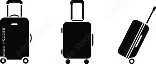 Travel suitcase silhouette set with rolling luggage in different positions, black baggage icons isolated on white background, tourism and vacation concept