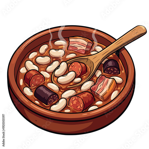 Fabada Asturiana. Traditional Spanish Bean Stew with Chorizo Vector Illustration