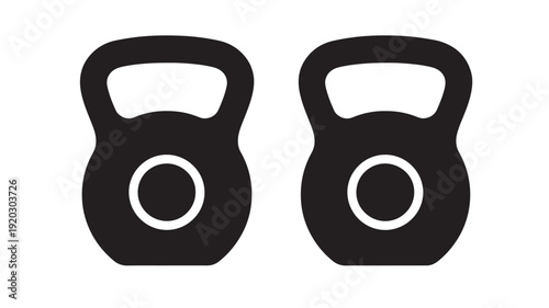 Kettlebells gym icon pair with solid black silhouettes and circular center detail, minimalist fitness equipment symbols isolated on white background for workout design
