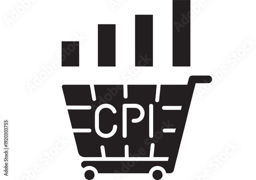 Cart icon with CPI lettering and rising bar chart, minimalist black silhouette shopping trolley symbol for ecommerce analytics, inflation index, retail statistics UI