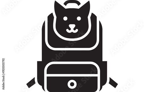 Backpack icon with cat face silhouette, black and white minimal vector symbol for pet travel carrier, school bag logo, camping gear pictogram isolated on white