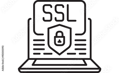 Laptop SSL security icon with shield and padlock on screen, secure connection encryption symbol, outline vector for cybersecurity, web protection and privacy UI