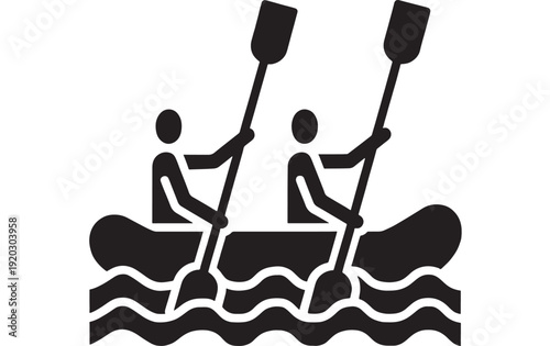 Canoe paddling icon with two people rowing on river waves, black silhouette pictogram for rafting, kayaking, outdoor adventure travel, water sport signage isolated