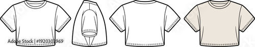 Women Cropped T Shirt CAD Flat Template Front Sleeve Back Color Variation Fashion Apparel Vector Illustration