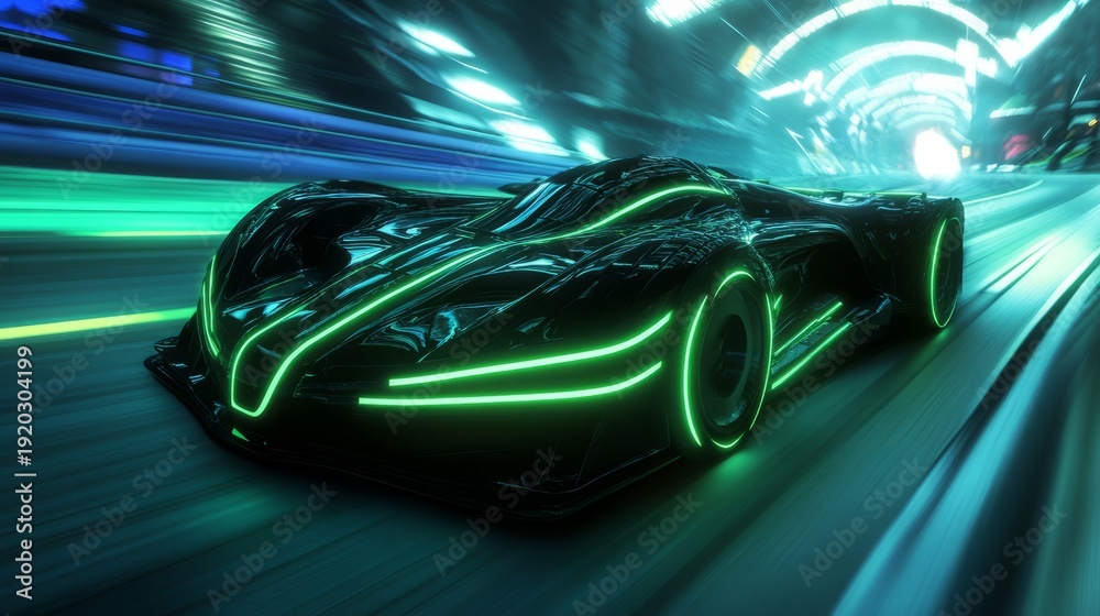 Fototapeta premium Futuristic neon electric race car on speeding track with glowing lights