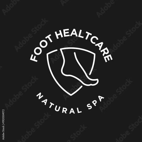 Minimalist Foot Healthcare Natural Spa Logo Design with Outline Foot and Shield Icon