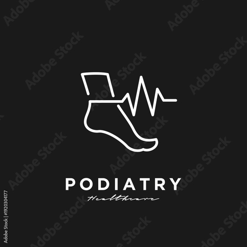 Modern Line Art Podiatry Healthcare Logo with Stylized Foot and Medical Heartbeat Pulse Line