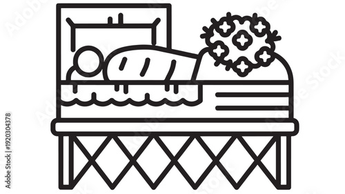 Coffin funeral icon with deceased body and flower wreath on casket, simple black outline line art symbol for mortuary service, burial ceremony, death and remembrance