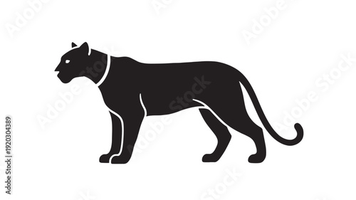 Panther silhouette icon with sleek walking big cat profile, black minimalist flat design, wild predator animal symbol isolated on white background for logo and mascot