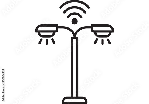 Streetlight smart with dual LED lamps and wireless signal icon, minimal black outline pictogram for urban lighting, IoT network, city infrastructure and security concept