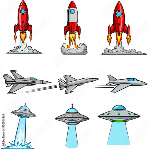 Comic-style illustration of various spacecraft and jets in different flight modes on a white background