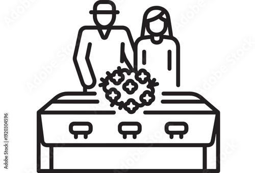 Coffin funeral icon with mourning couple standing behind casket and flower arrangement, minimal outline line art symbol for death, burial service, memorial concept