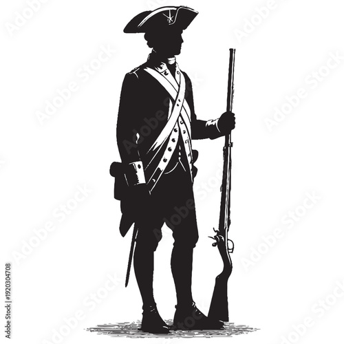 Foto Revolutionary War Soldier Attention Pose with Musket Silhouette Vector