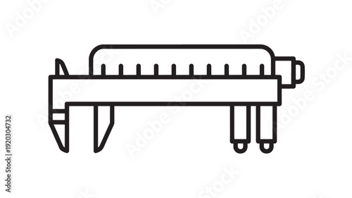 Caliper vernier measuring tool icon with black outline line art, precision engineering instrument for measurement, quality control, machining, and technical drawing isolated